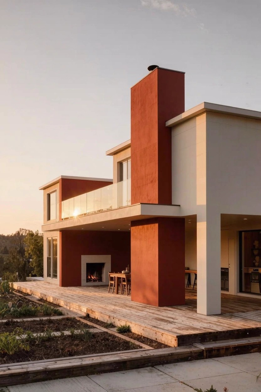 Contemporary house exterior featuring a tall red chimney pillar next to beige stucco walls, a wooden deck with outdoor fireplace and chairs, glass balcony above, and landscaped beds at dusk.