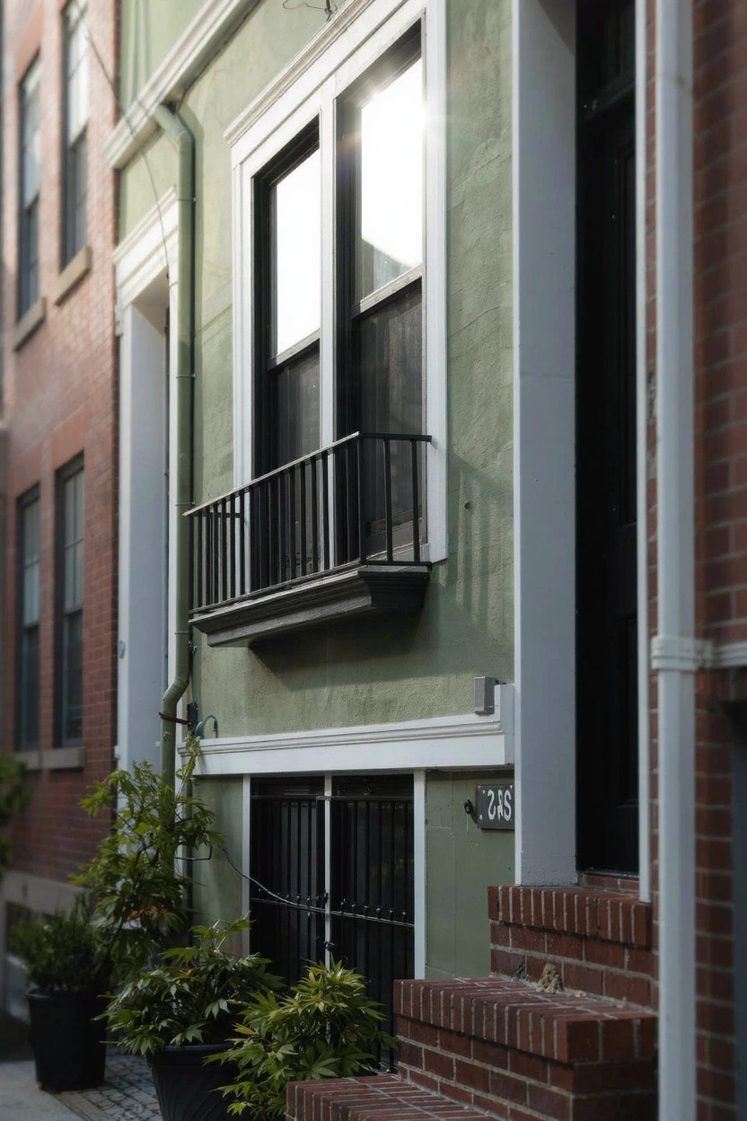 Light green painted rowhouse facade with black iron balcony and window grilles, white trim, potted plants at the base, brick neighboring buildings, and front steps.