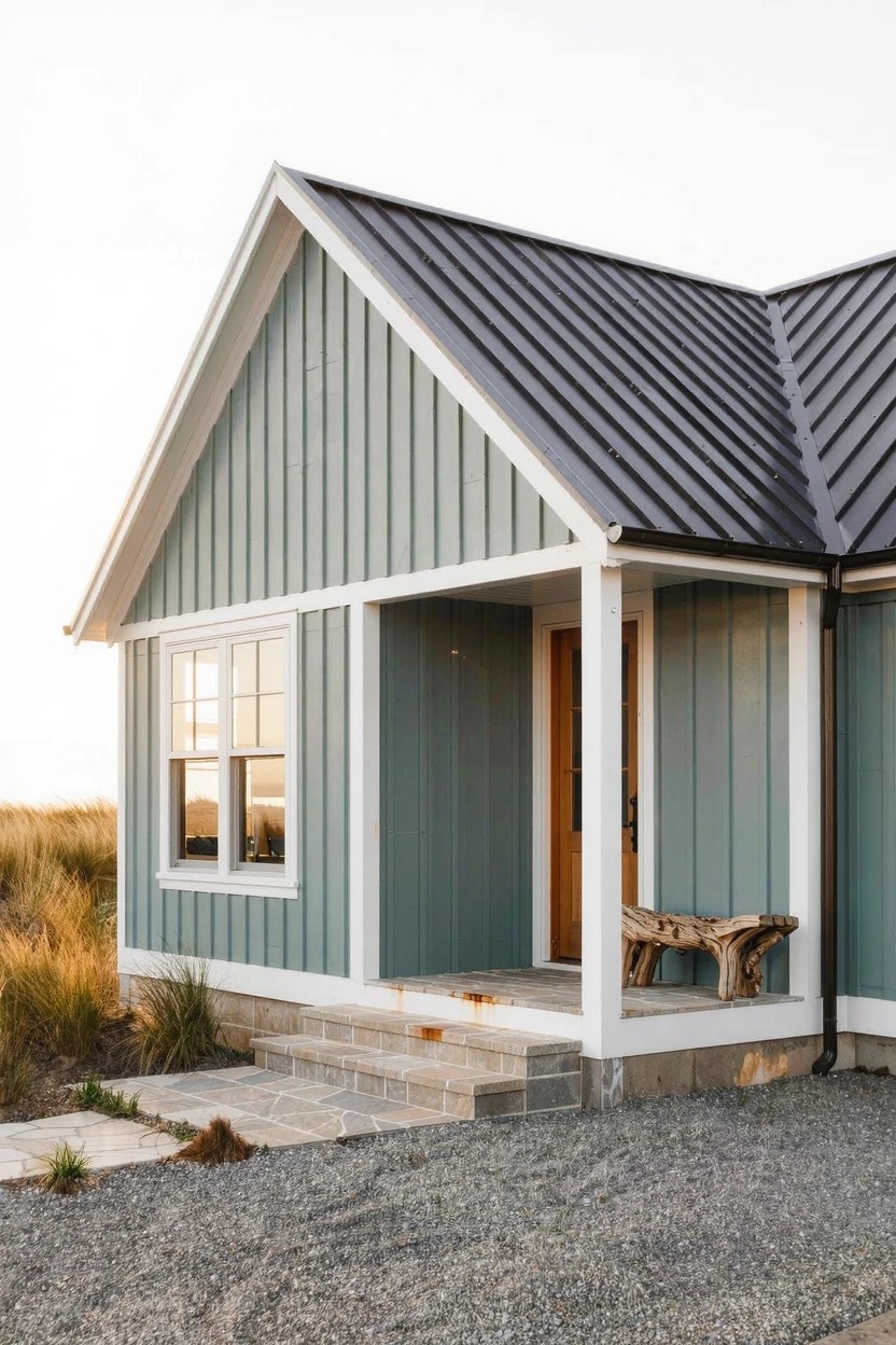 Light green board-and-batten siding house with white trim, black metal gable roof, covered porch, wooden front door, driftwood bench on steps leading to gravel driveway, tall grasses nearby.