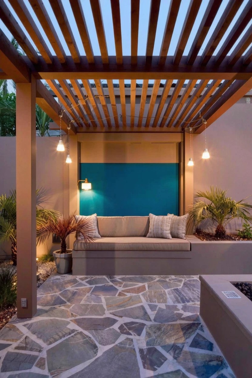 Outdoor patio under wooden slatted pergola with beige stucco walls, teal painted wall behind cushioned bench, potted palms, stone flooring, pendant lights, and fire pit.