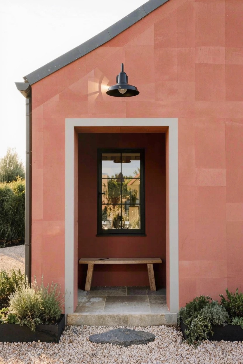 Terracotta-colored stucco house exterior with recessed entryway containing a wooden bench, black-framed window above, black pendant light, stone threshold, gravel path, and potted plants flanking the sides.