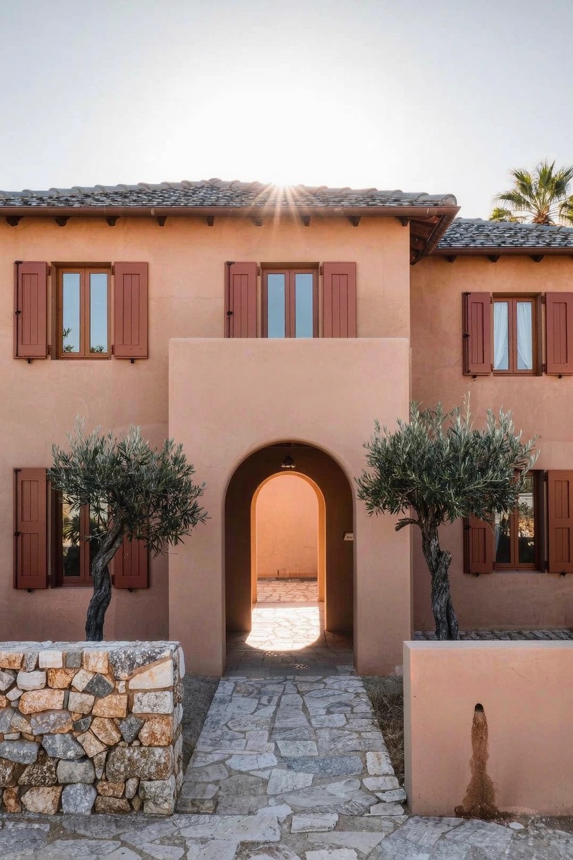 Peach-colored stucco house exterior with red shutters, arched entryway flanked by two olive trees, stone side walls, and a pebbled pathway leading to the open door under sunlight.