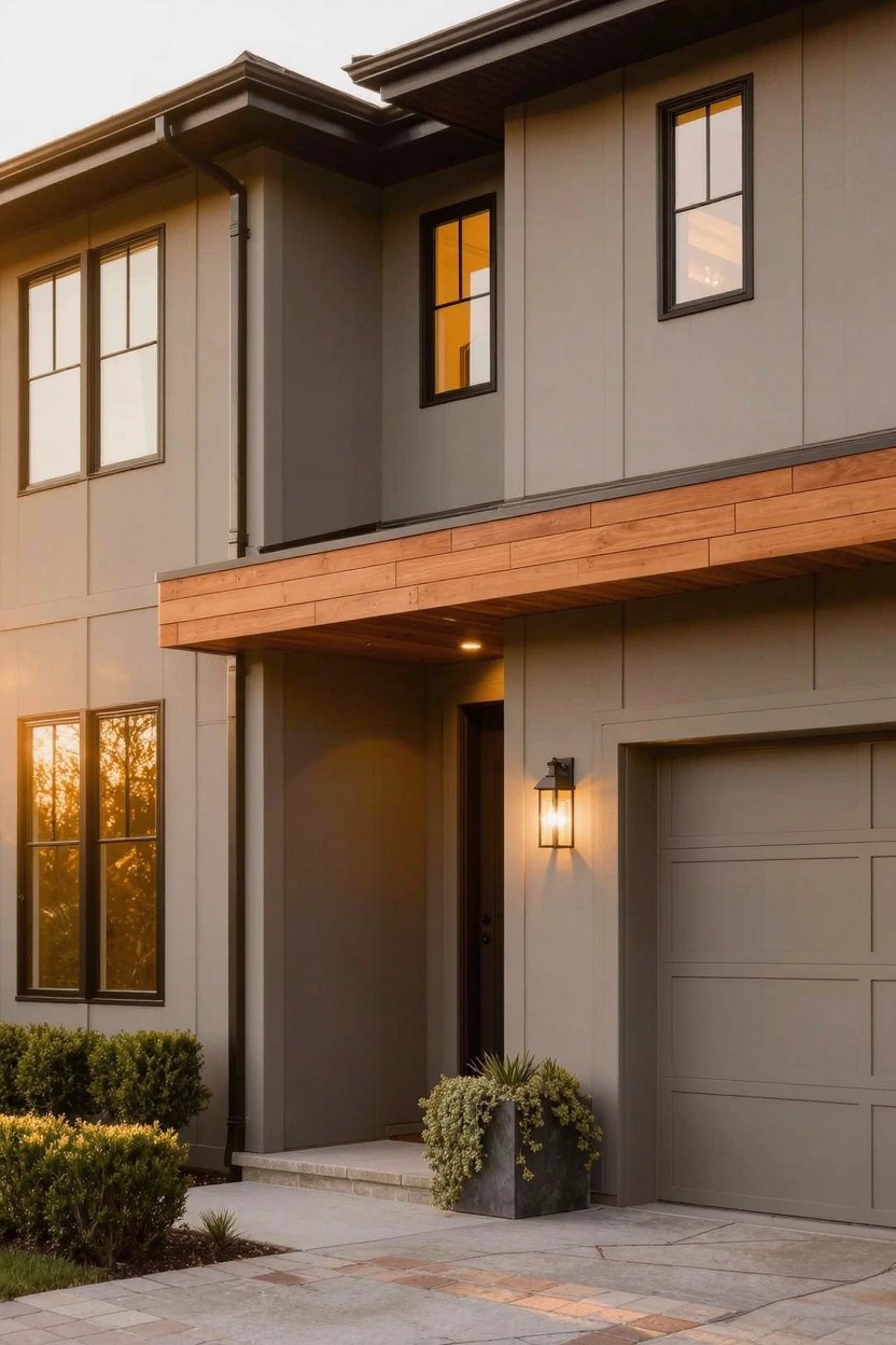 Two-story contemporary house exterior with light gray horizontal siding, dark wood beam overhang above the garage door and front entry, large windows, boxwood shrubs, potted plant, and concrete pathway at sunset.