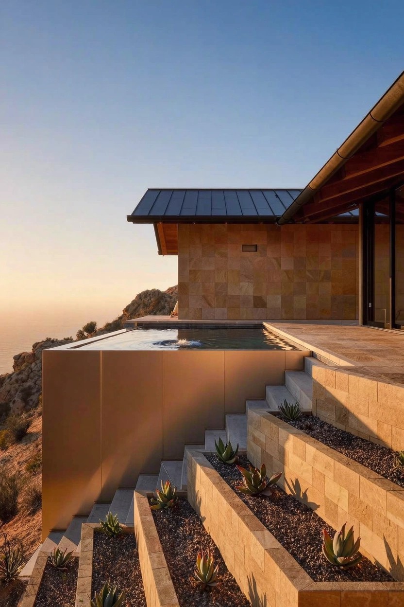 Modern luxury home exterior with a rectangular infinity-edge pool cantilevered over a cliff, featuring metallic sides, stone deck and stairs, and terraced stone retaining walls planted with agave succulents, overlooking the ocean at sunset.