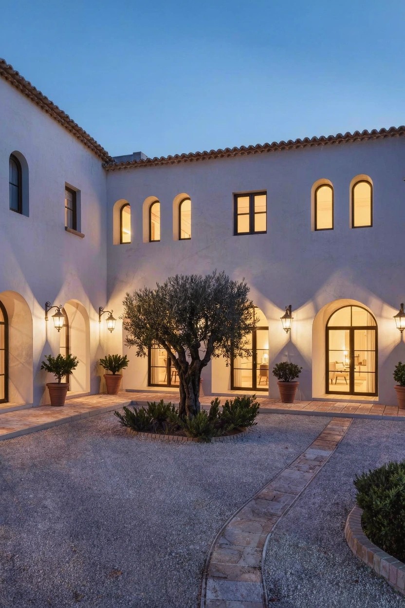 White stucco building with arched doorways surrounding a gravel courtyard that centers on a large olive tree, with potted plants, wall lanterns, and stone paths at dusk.