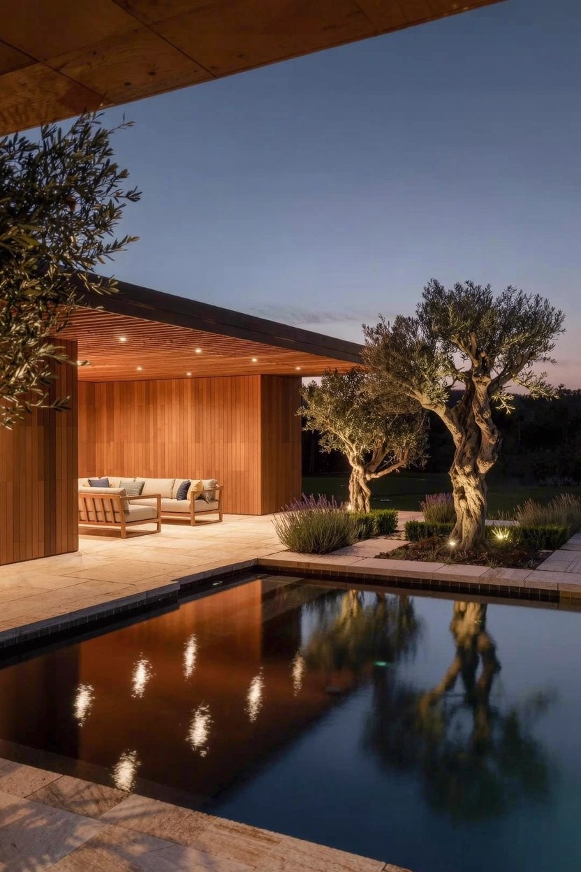 Wooden pavilion with slatted ceiling and cedar panels sheltering a gray sofa and chairs on a stone terrace beside a rectangular pool, flanked by olive trees and low hedges at dusk.