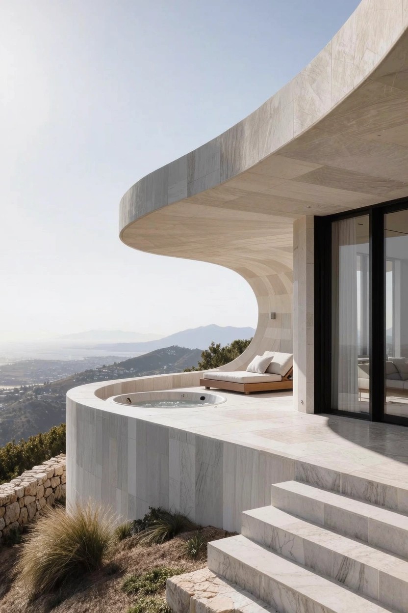 White curved stone cantilevered terrace on a modern luxury home exterior, with a hot tub, lounge bed, glass doors, steps, and hillside views.