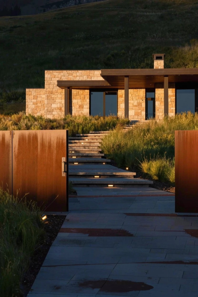 Modern house with stone facade and large windows, stone pathway with steps flanked by tall corten steel walls through grasses on a hillside at sunset.