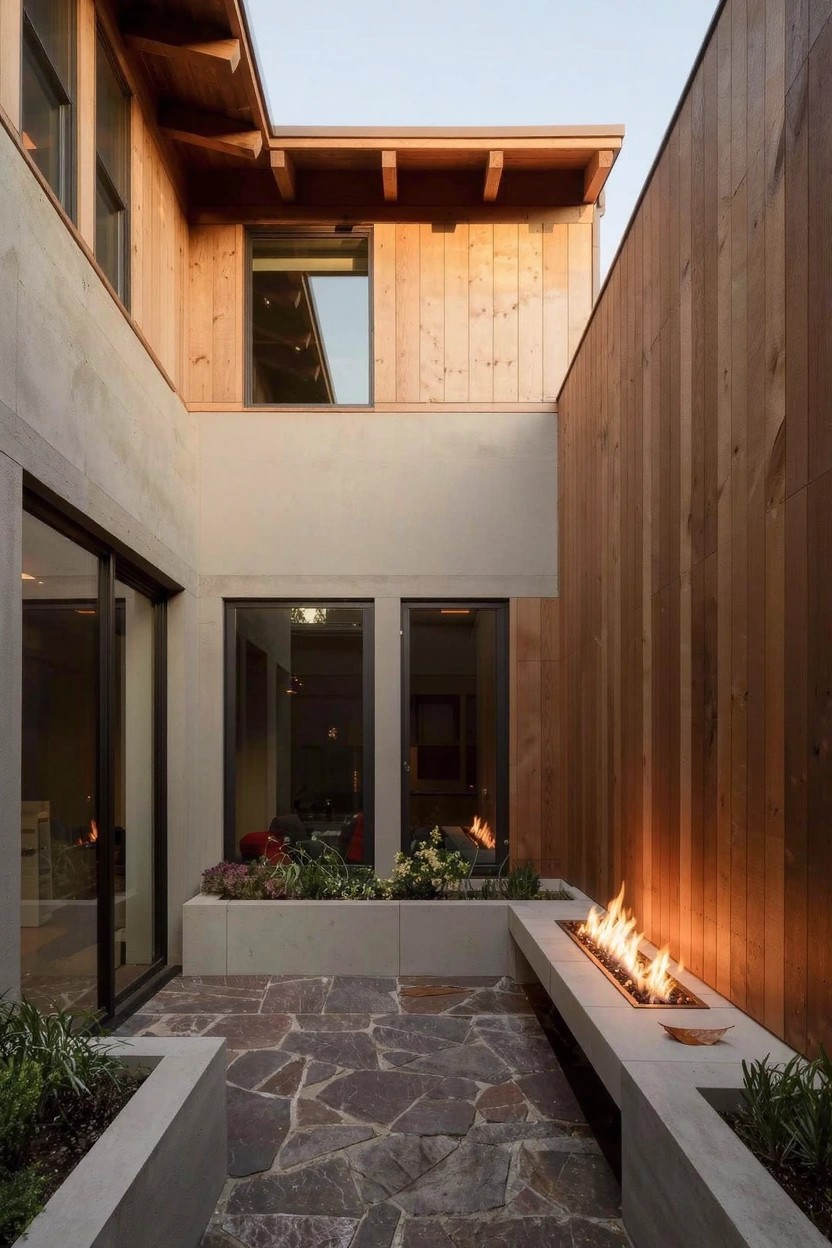 Modern courtyard enclosed by wooden walls and house with large glass doors, featuring a linear gas fire pit in a concrete bench, stone pathway, and planters.