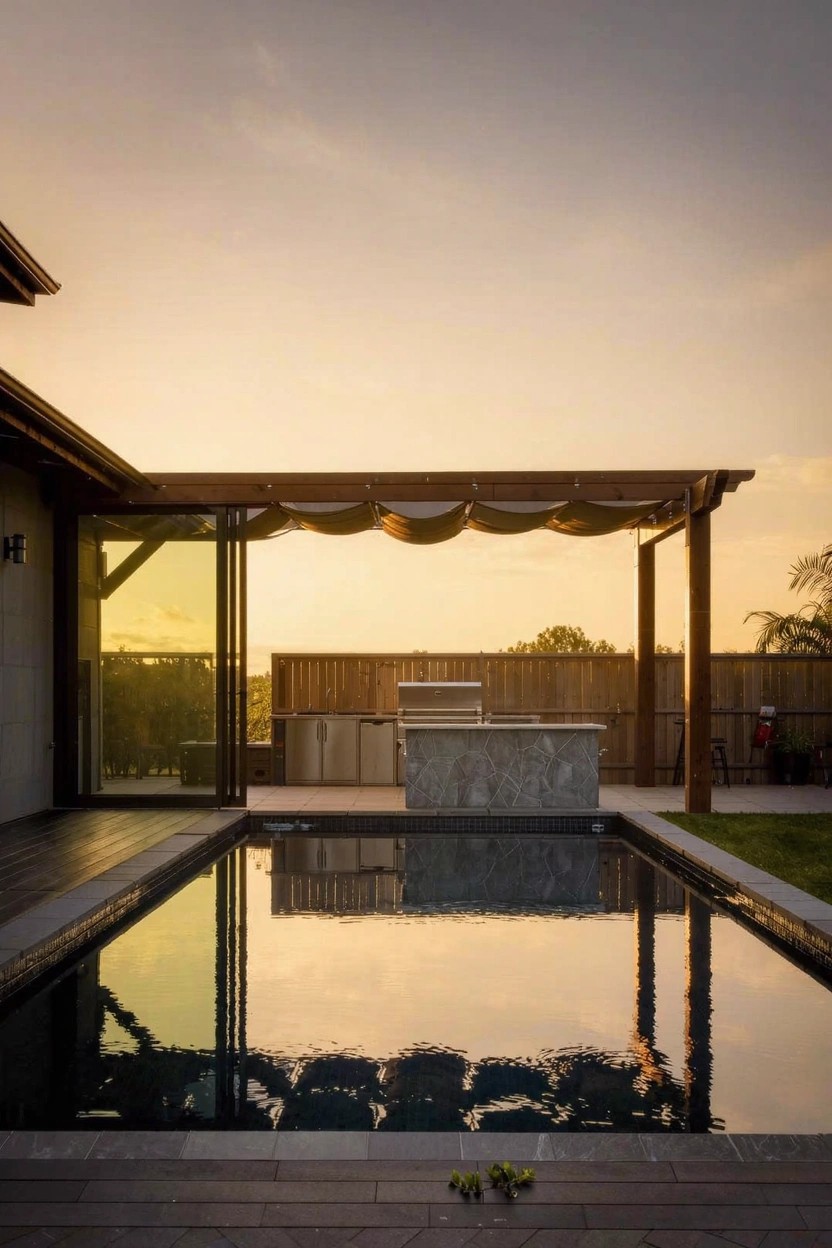 Modern backyard with black infinity pool, stone outdoor kitchen and grill under wooden pergola with beige draped fabric, glass sliding doors from house, wooden fence, and sunset sky.