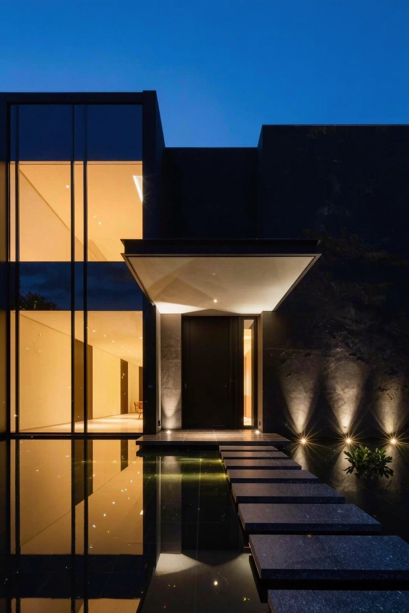 Modern black luxury home exterior at dusk with large illuminated glass windows, a cantilevered entry overhang above a dark door, and a stone stepping path crossing a lit reflecting pool.