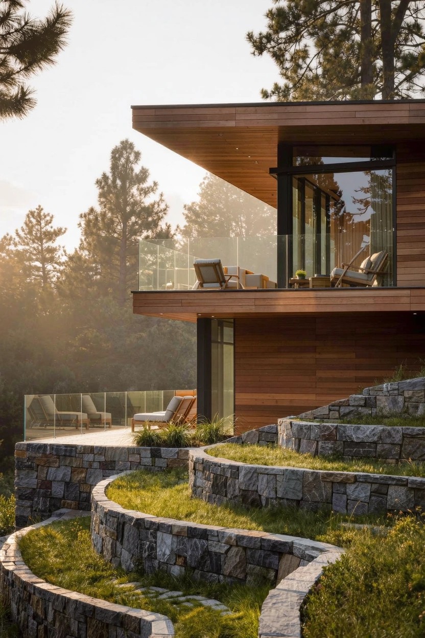 Modern wooden house with cantilevered balcony and large glass walls above curving dry-stacked stone retaining walls terraced with grass and plants on a forested slope.