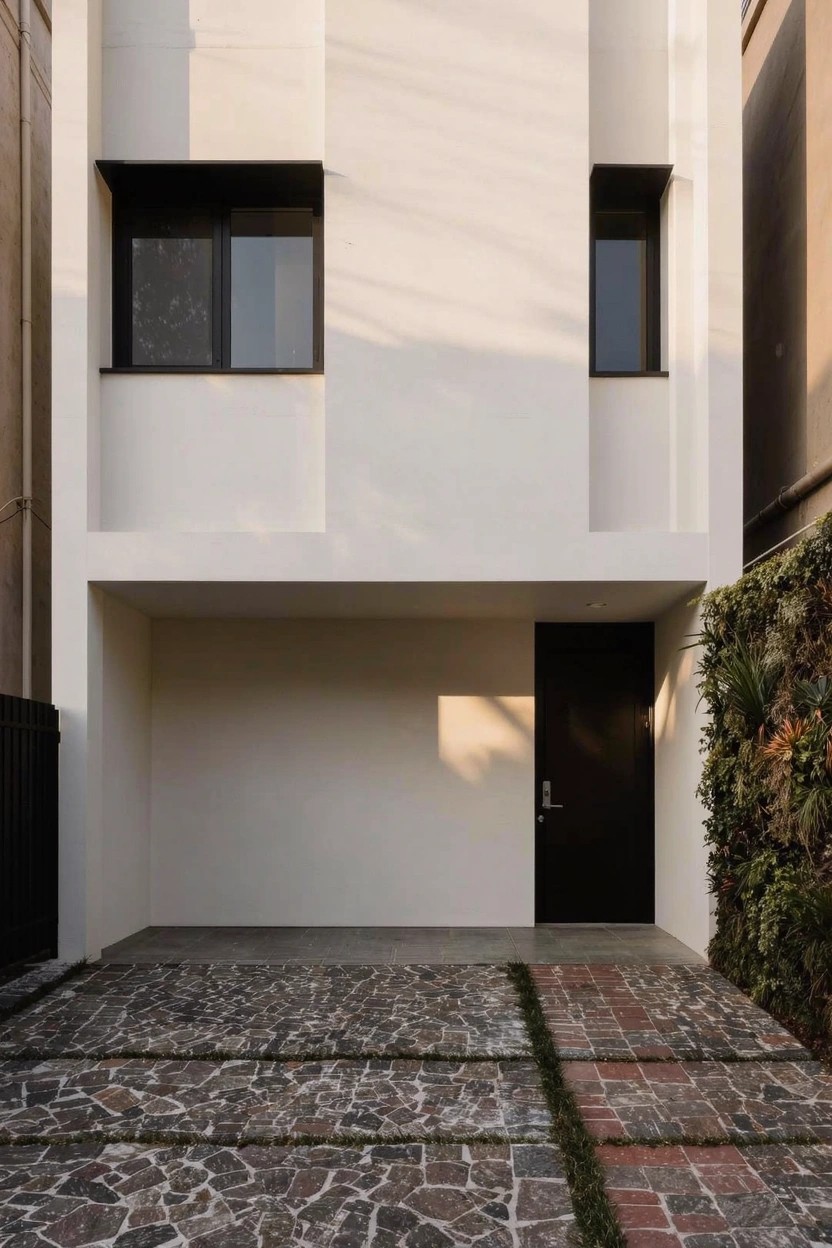 Modern white stucco house exterior with black-framed narrow windows, recessed dark entry door, open carport area, pebble and brick driveway, and vertical green plant wall next to the entrance.
