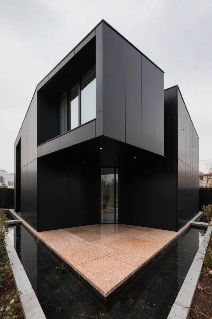 Angular black metal-clad modern house with a central triangular pink stone entry platform bordered by narrow water channels, large glass windows, and low hedges on a cloudy day.