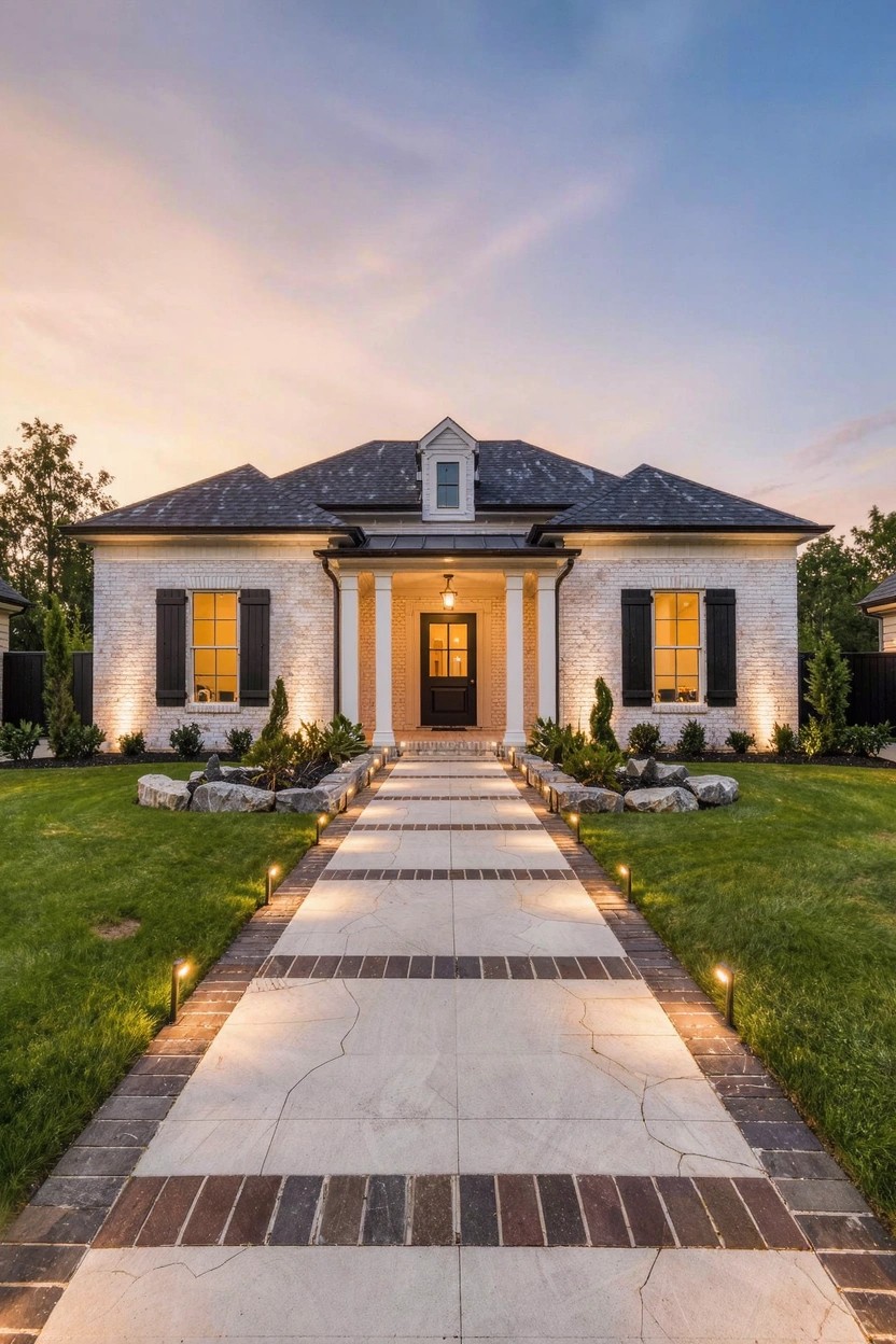White brick house with black shutters, dark roof, covered porch with columns, and straight paver walkway with brick accents and path lights through front yard landscaping at dusk.