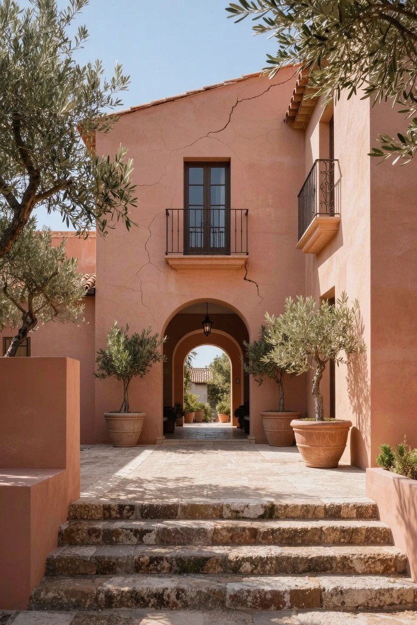 Pink stucco house exterior featuring stone steps leading to a tall arched entryway flanked by large terracotta pots with olive trees and additional olive trees nearby.