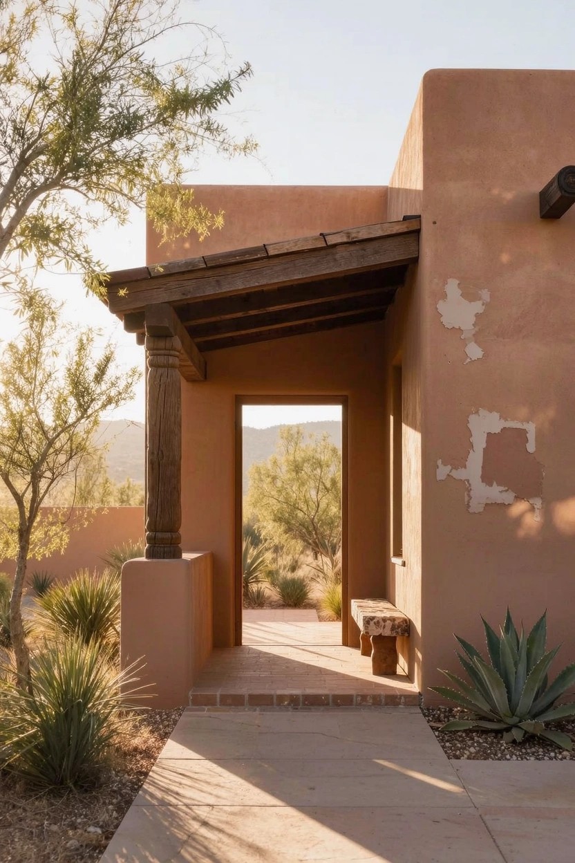 Pink stucco adobe-style house with wooden beam covered porch, stone pathway, wooden bench, desert plants including agave, and open doorway against mountainous background.