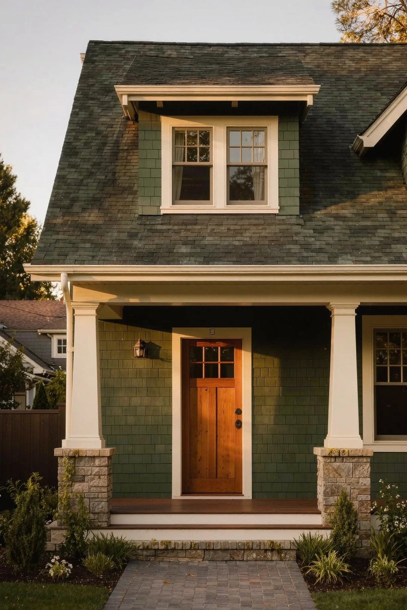 Green shingle-sided house with dark green roof, covered front porch supported by white tapered columns on stone bases, wooden door with glass panels, brick pathway, and low plantings.