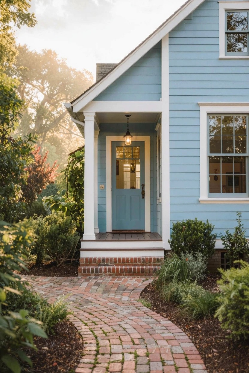 Light blue house with white trim and gabled roof features a covered front porch with columns, blue door, hanging lantern, and brick pathway curving through garden plantings.