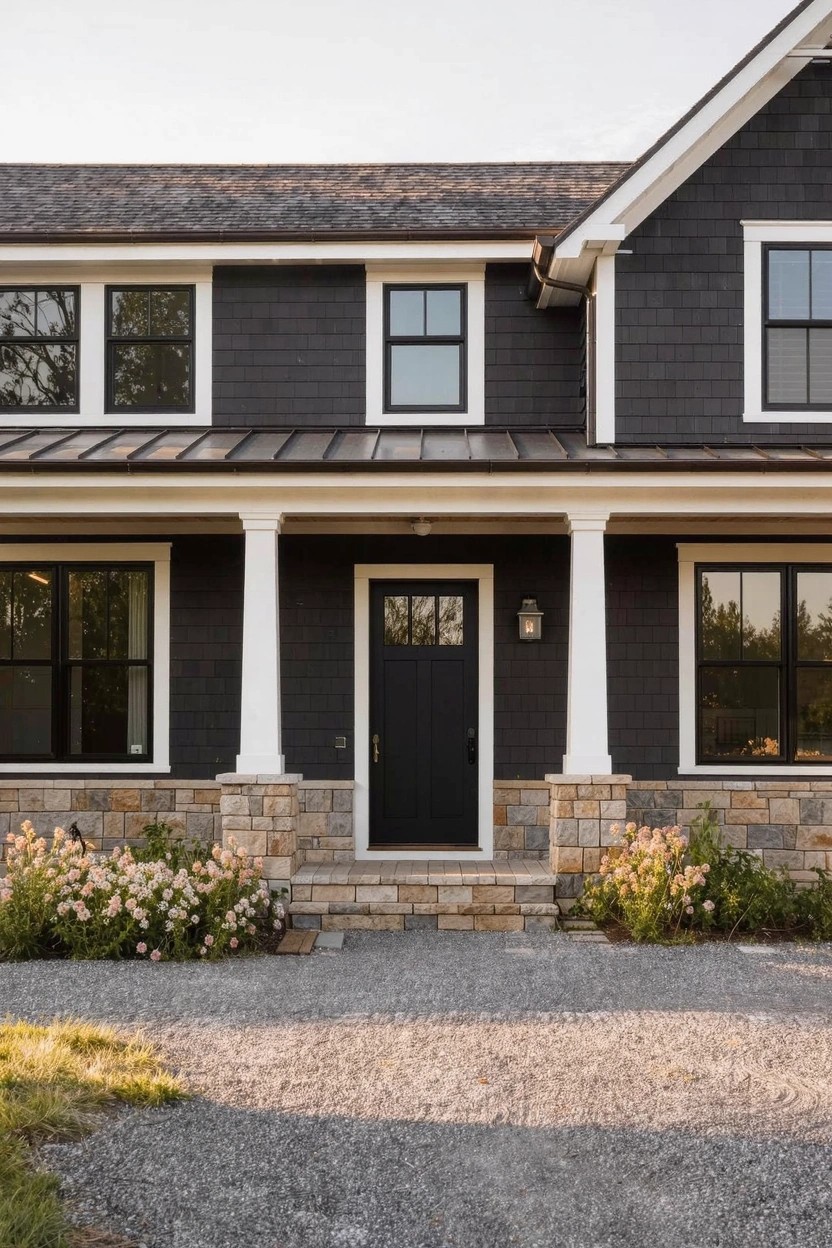 Two-story house exterior with dark gray shingle siding, white columns supporting a covered front porch, black-framed windows and door, stone foundation and steps, pink flowers beside a gravel path.
