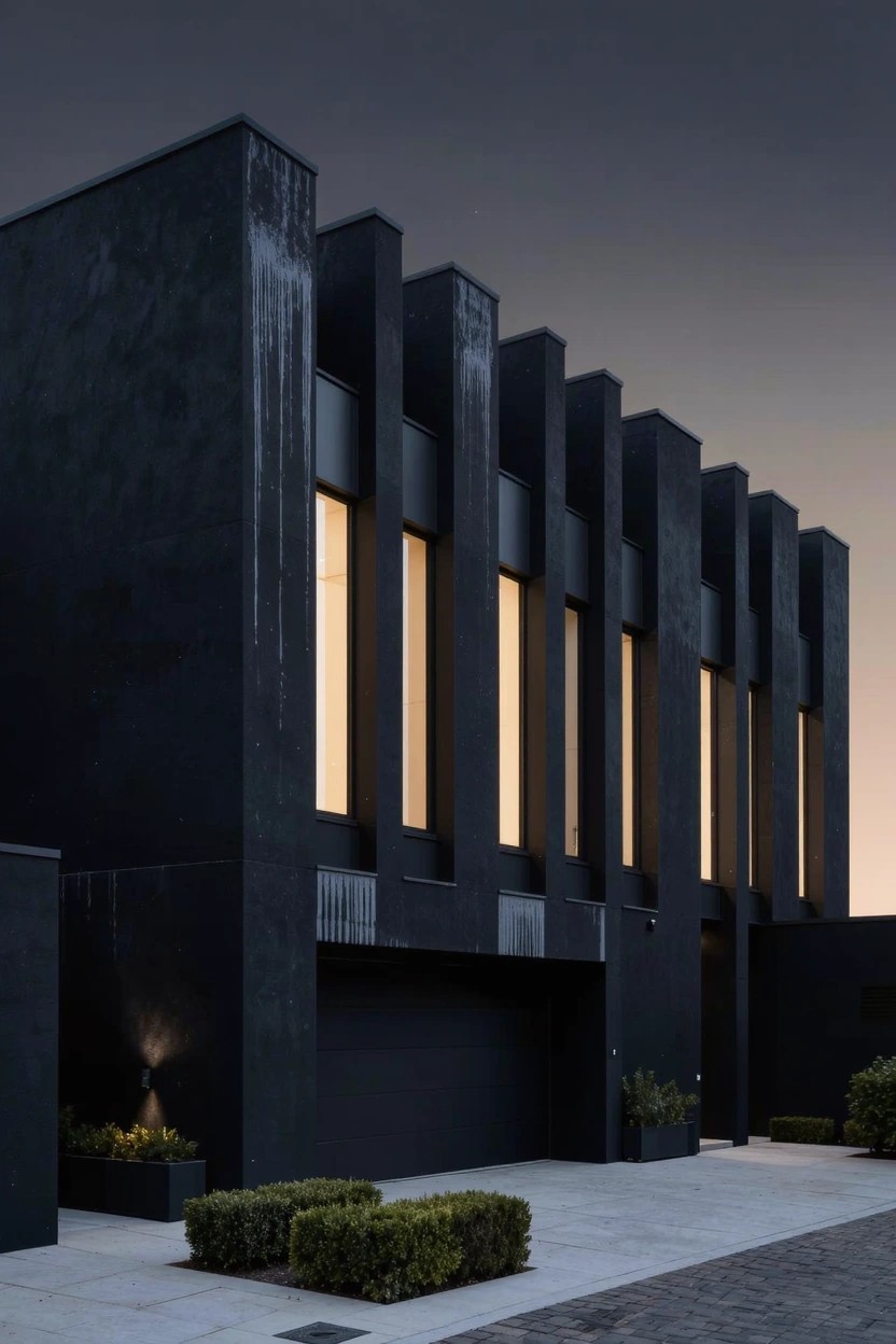 Black modern house exterior at dusk with vertical protruding rectangular panels, tall narrow windows emitting warm light, dark garage door, low boxwood hedges, and potted plants along a paved pathway.