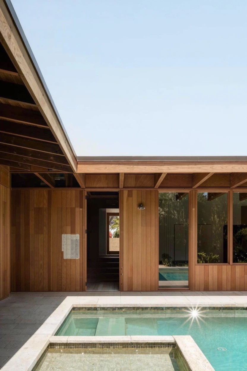 Modern house exterior with vertical wood cladding, large glass windows, exposed timber beams under overhanging roof, and adjacent rectangular swimming pool on a clear day.