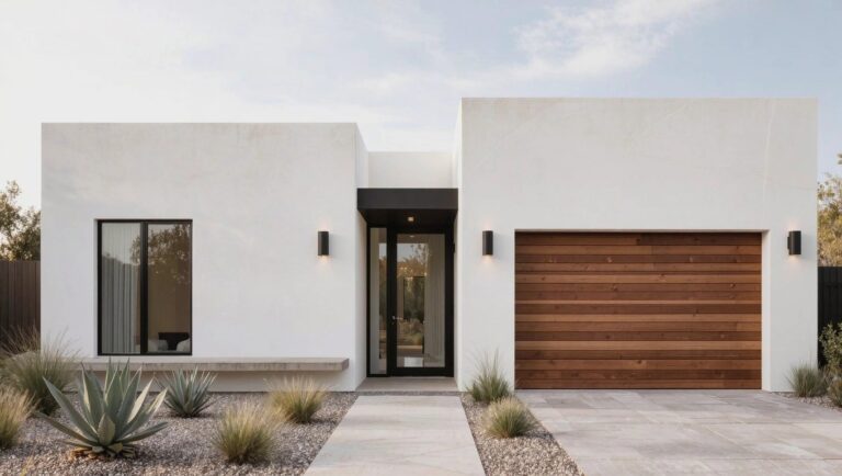 20 Stylish House Structure Designs For A Clean Updated Look White stucco modern house with flat roof, large horizontal wood slat garage door, glass front door with black frame, black-framed side window, concrete paver pathway through gravel and desert plants like agave and grasses.