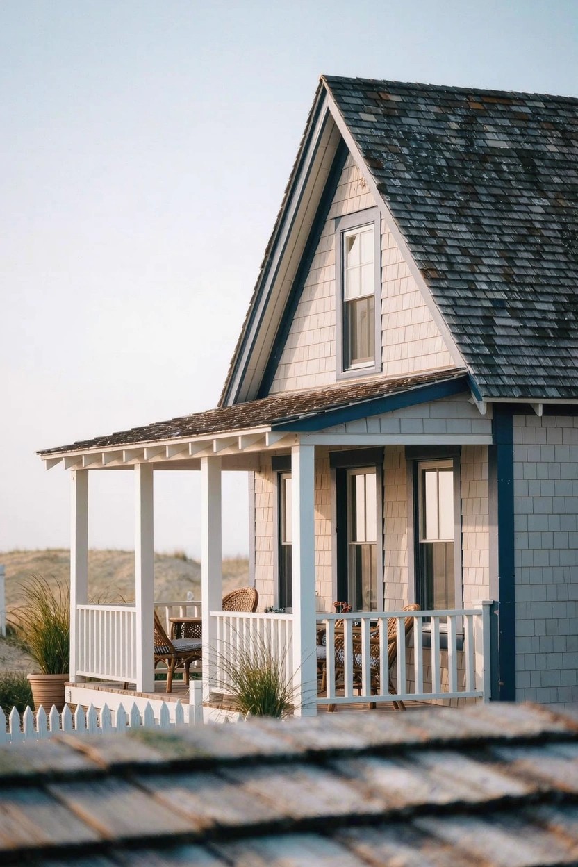 Light shingle-clad house with gabled roof and blue trim, featuring a covered front porch supported by white columns and railing, beach grass and dunes in the background.