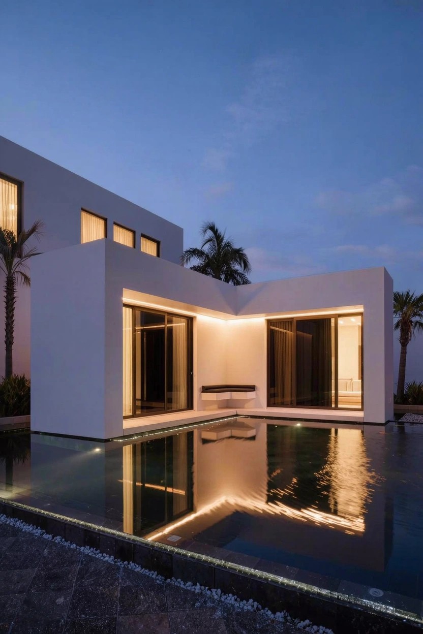 White boxy modern house with large glass doors and windows on the corner, built-in bench seat, narrow reflecting pool in front, palm trees flanking the sides at dusk.