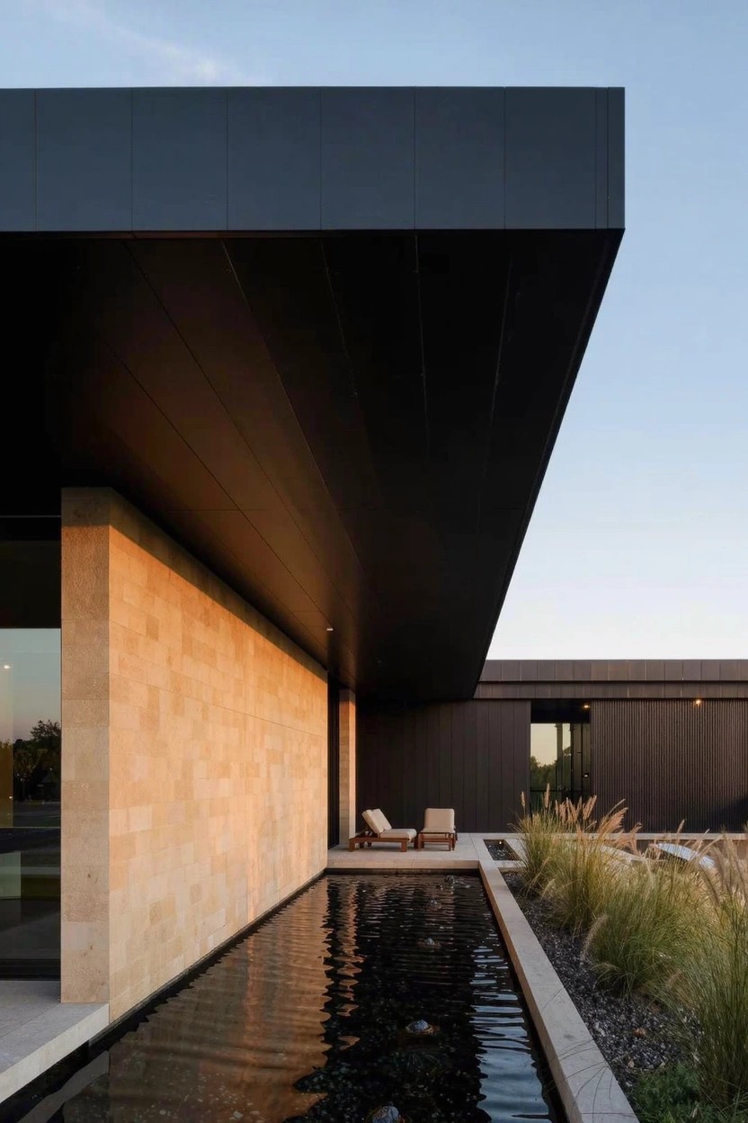Modern house exterior with tan stone walls, black cantilevered roof overhanging a linear reflecting pool edged in gravel and grasses, plus two lounge chairs nearby.