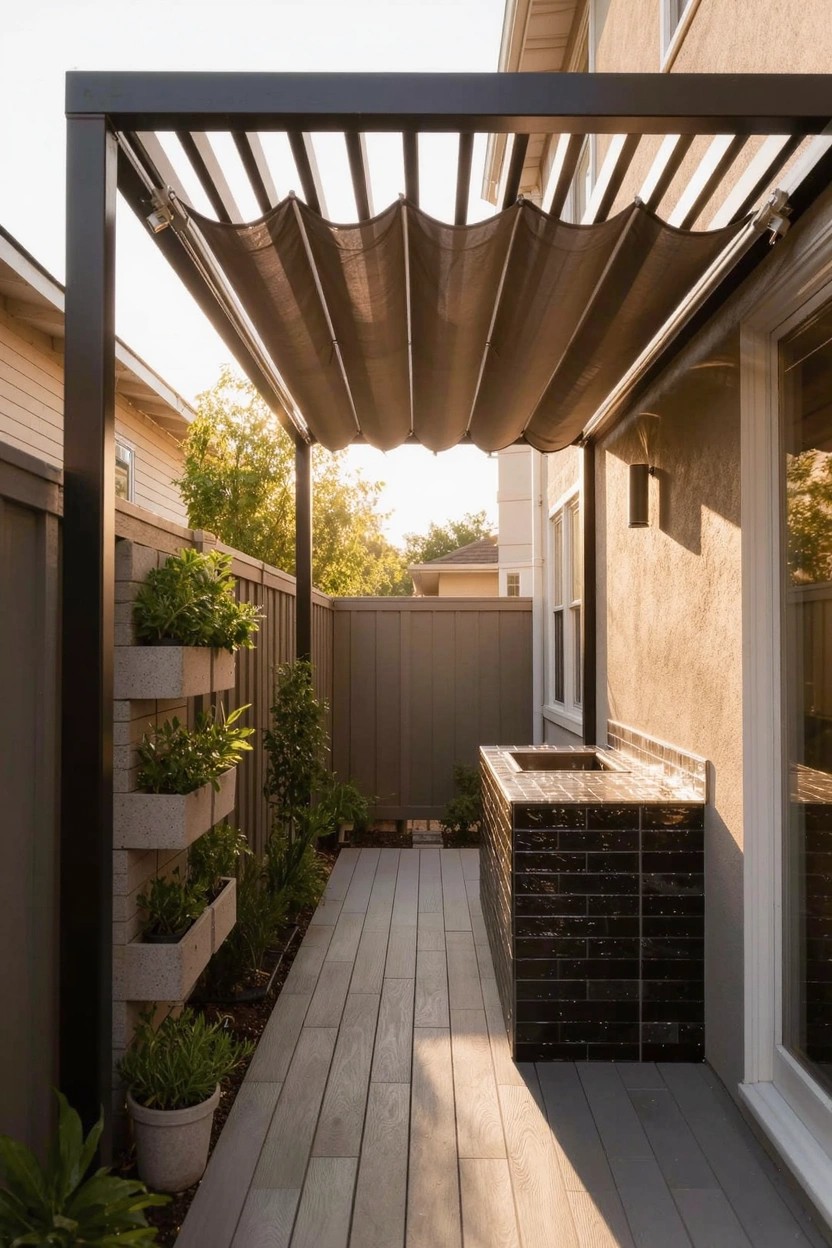 Narrow side yard patio with black metal pergola supporting draped dark fabric shade, light gray wooden decking, vertical planters on gray fence, potted greenery, and brick sink counter beside beige house wall and windows.
