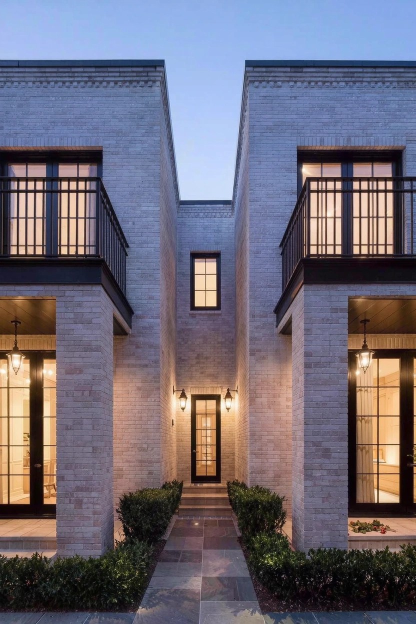 Symmetrical modern house exterior of light gray brick with black metal balconies and window frames, central slate pathway lined with boxwood shrubs leading to glass front door, flanked by lanterns at dusk.