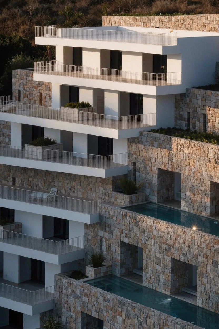 Multi-level modern house with white stucco walls, stone retaining walls, balconies, planters, and infinity-edge pools terraced down a rocky hillside at sunset.