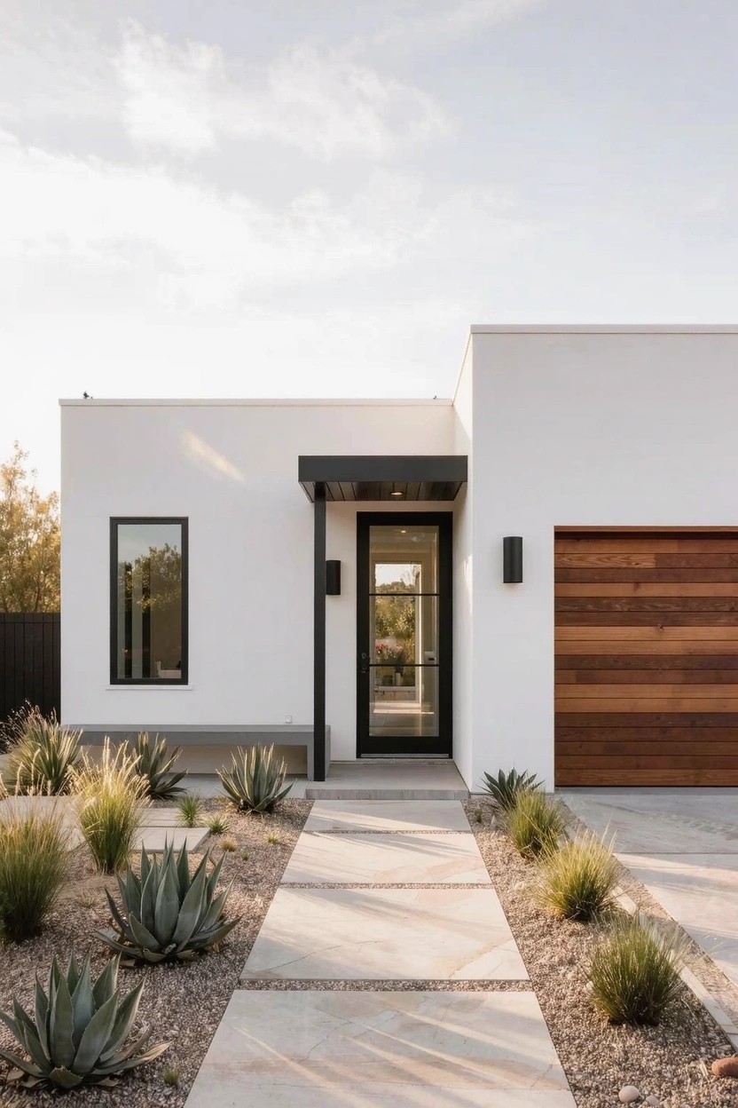 White stucco modern house with flat roof, large horizontal wood slat garage door, glass front door with black frame, black-framed side window, concrete paver pathway through gravel and desert plants like agave and grasses.