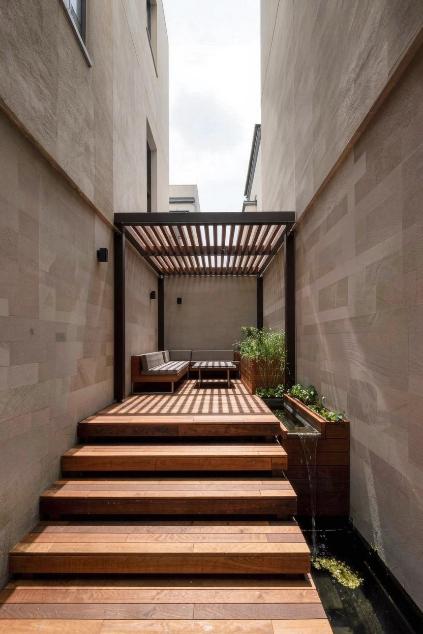 Narrow courtyard between beige stone walls with black metal-framed wooden slatted pergola covering beige outdoor sofa and ottoman, wooden steps leading down to deck with small water feature and potted plants.