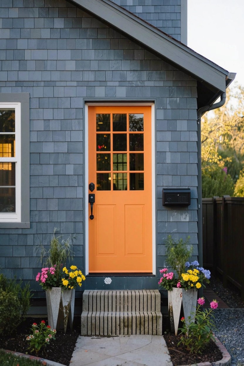 Gray shingled house exterior with orange front door featuring nine glass panes, white window trim, potted flowers flanking concrete steps, and black mailbox mounted beside door.