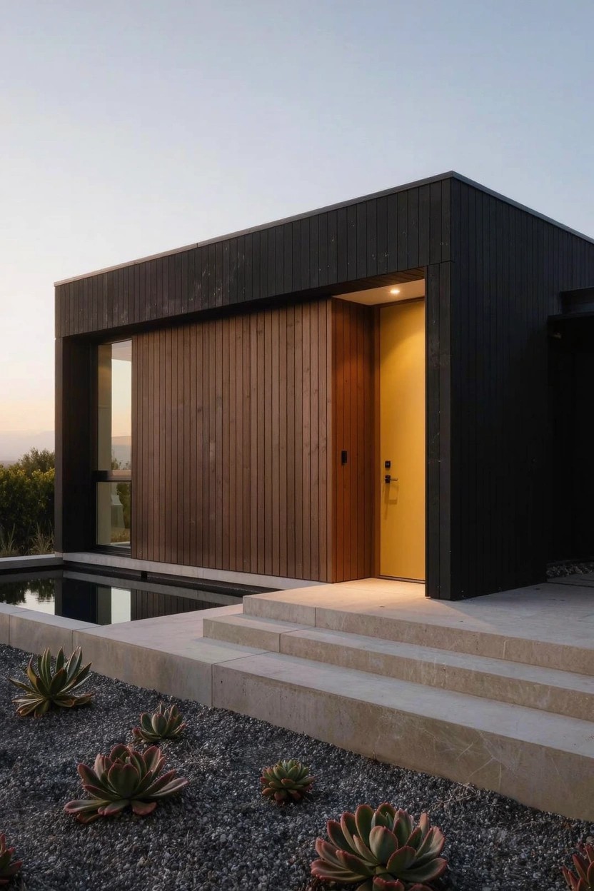 Modern boxy house with black vertical board siding, recessed warm wood wall and door with yellow entry light, stone steps leading to entrance, adjacent rectangular water feature, gravel ground cover, and clustered succulent plants at dusk.