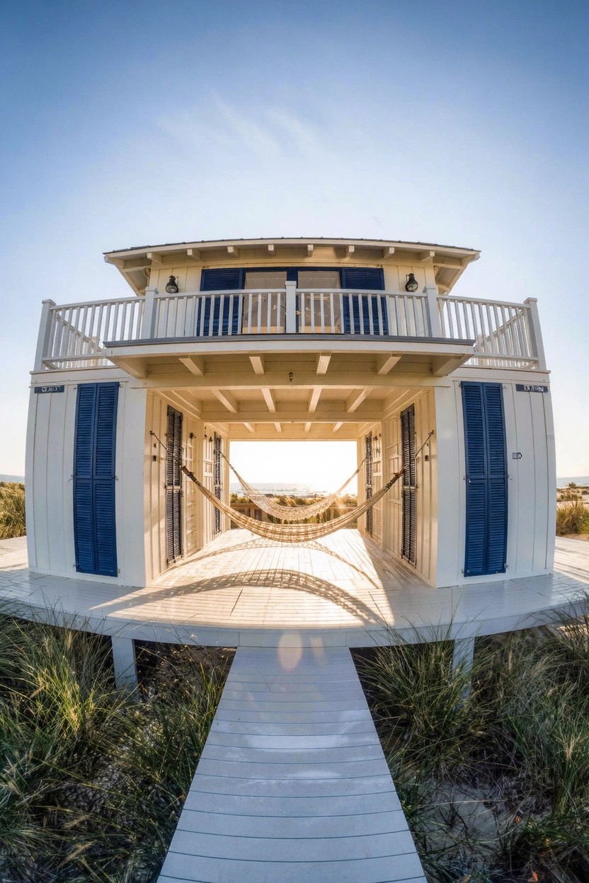 Elevated two-story white beach house with navy blue shutters and doors, open undercarriage containing a hammock, wooden boardwalk pathway through dune grass.