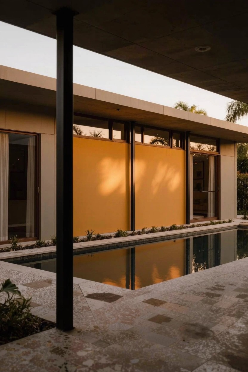 Modern house with tall bright yellow walls, black concrete pillar, glass doors and windows, rectangular pool, stone decking, and tropical plants under a flat roof overhang.