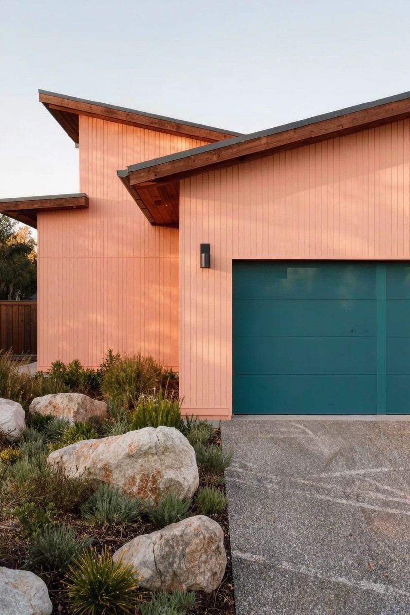 Modern house exterior featuring coral-colored vertical siding, teal garage door, wooden roof overhangs, and driveway edged with large boulders and low shrubs.