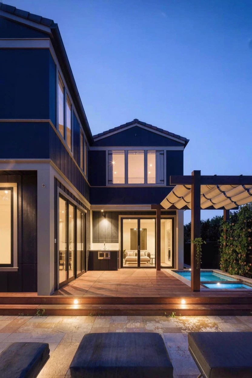 Modern two-story house exterior at dusk with dark navy siding, large glass doors and windows opening to a wooden deck beside a rectangular pool, pergola with sail shade overhead, and two lounge chairs on stone pavers.
