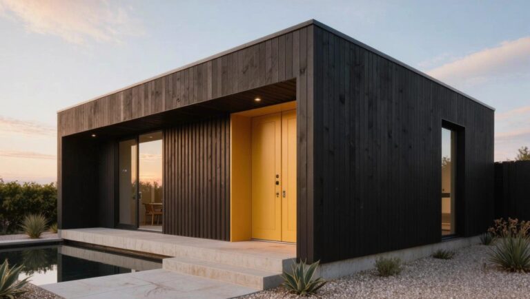 21 Creative House Paint Color Ideas For A Modern Statement Modern boxy house with black vertical board siding, recessed warm wood wall and door with yellow entry light, stone steps leading to entrance, adjacent rectangular water feature, gravel ground cover, and clustered succulent plants at dusk.