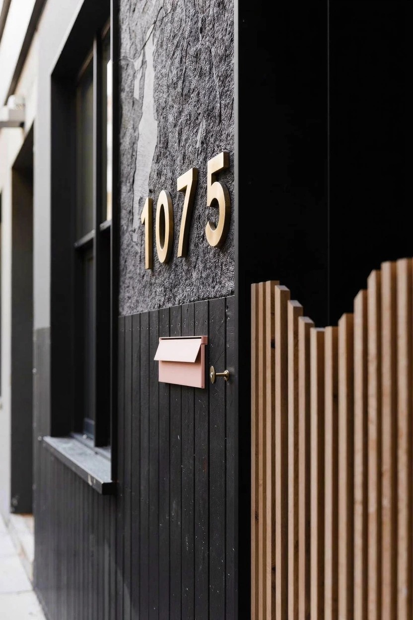 Close-up view of a house exterior with black textured wall, large gold numerals reading 1075 mounted on it, pink mailbox attached below a window, and vertical wooden slats on an adjacent panel.