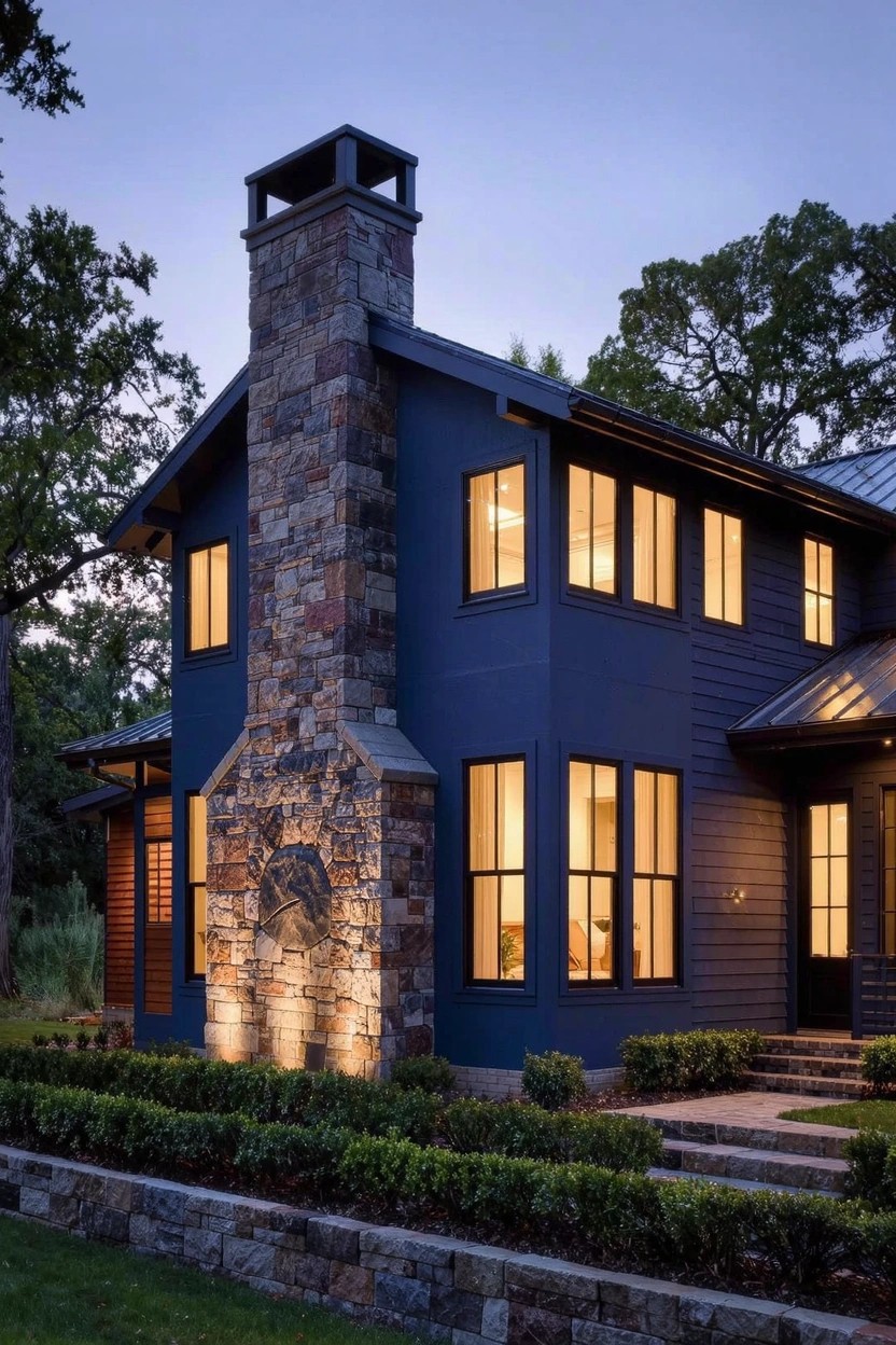 Modern two-story house with deep navy blue siding, tall stone chimney, large windows, metal roof, stone retaining wall, boxwood shrubs, and entry path lit at dusk.