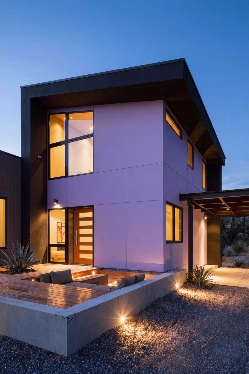 Corner view of a modern house with purple facade panels, black window frames and roof edges, a pivot entry door, built-in wood bench seating around a square fire pit, agave plants, gravel yard cover, concrete retaining wall, and dusk pathway lighting.