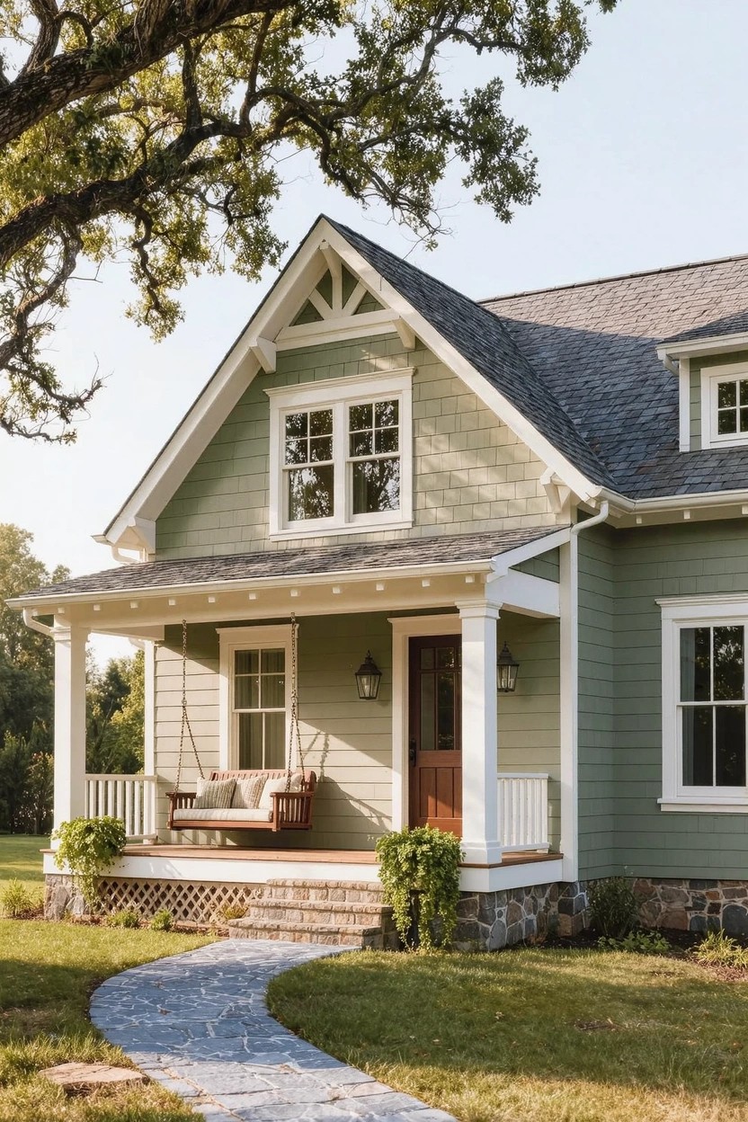 A sage green clapboard house with white trim, gabled shingle roof, columned front porch with hanging swing and lanterns flanking a wood door, stone walkway, grass yard, and large oak tree.