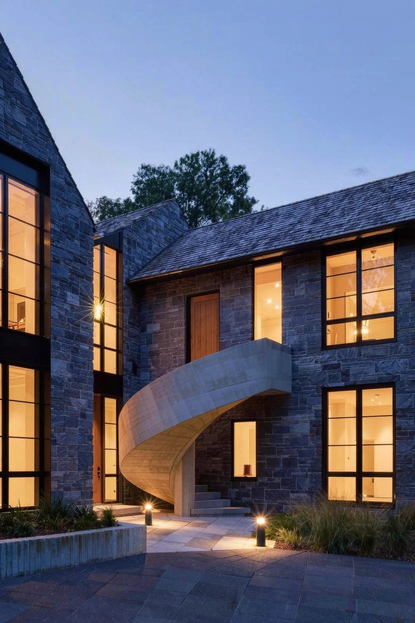 Stone house exterior at dusk with a curving concrete spiral staircase leading to a wooden front door, large dark-framed windows glowing with warm interior lights, and low landscape lights along a paved path.