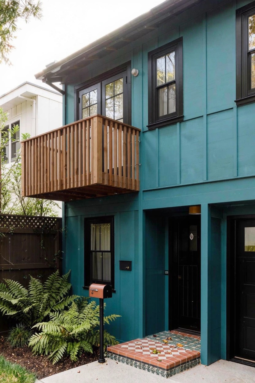 A modern two-story house with teal clapboard siding, black window frames and front door, wooden balcony railing, colorful tiled entry steps, pink mailbox, and ferns along the front.
