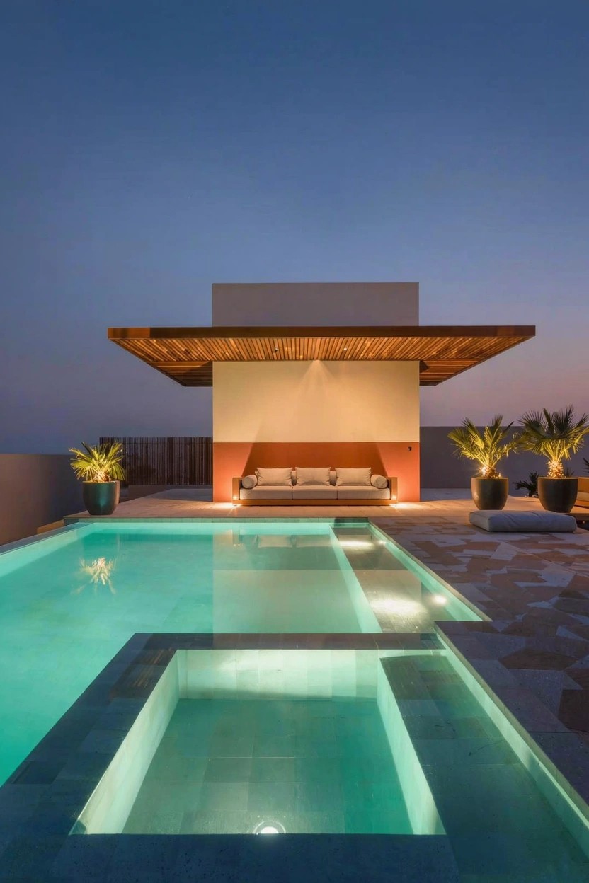 Rooftop terrace at dusk featuring an infinity-edge pool with green underwater lights, adjacent spa, wooden pergola over a low sofa with orange cushions against a terracotta wall, flanked by potted palms on tiled decking.