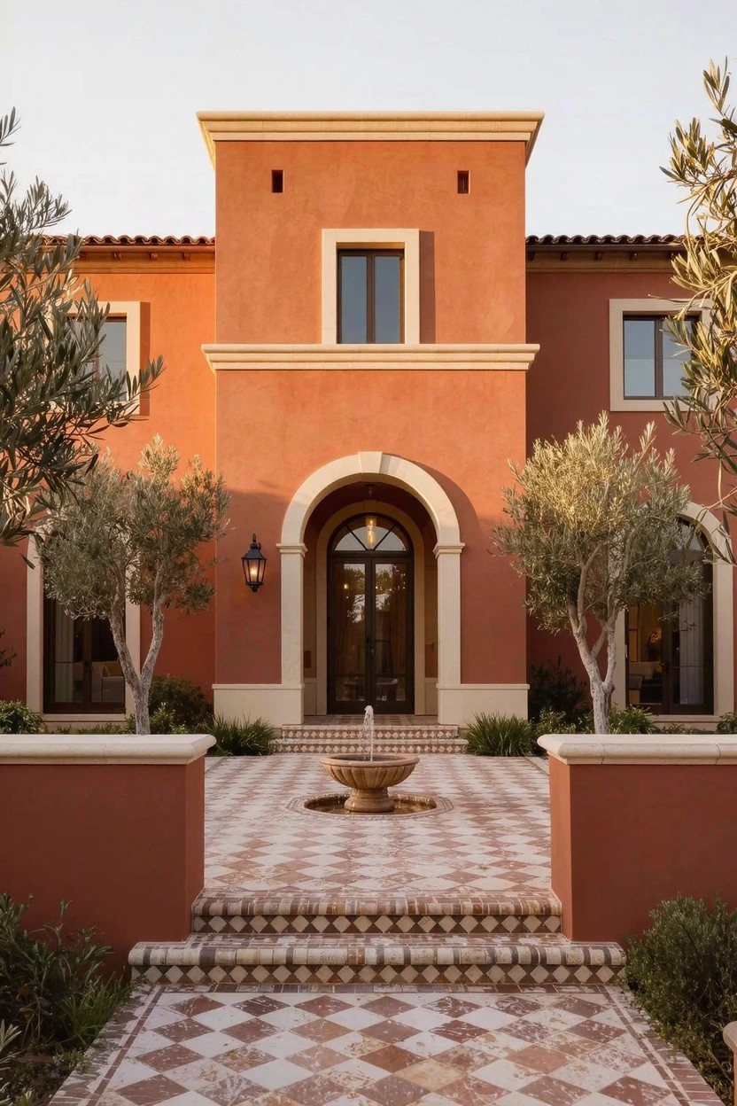 Terracotta stucco house facade with arched dark wood entry door, flanked by two olive trees, a central stone fountain in a checkered tile courtyard, steps, and low walls.